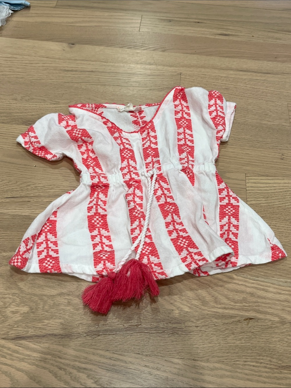 Girls White and Coral Tassel Stripe Peasant Dress - Casual Summer